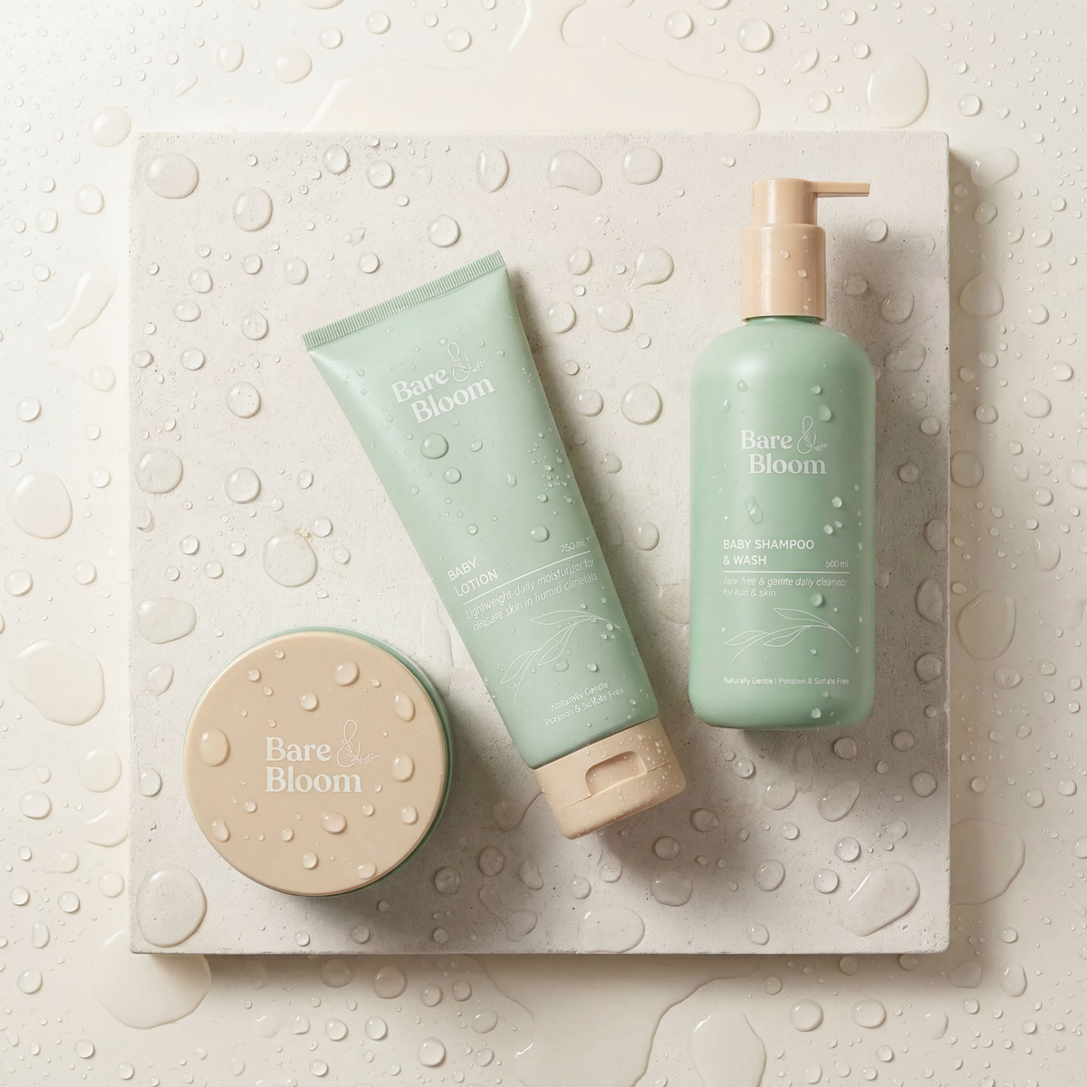 Bare & Bloom Complete Baby Care Set flat lay – three products